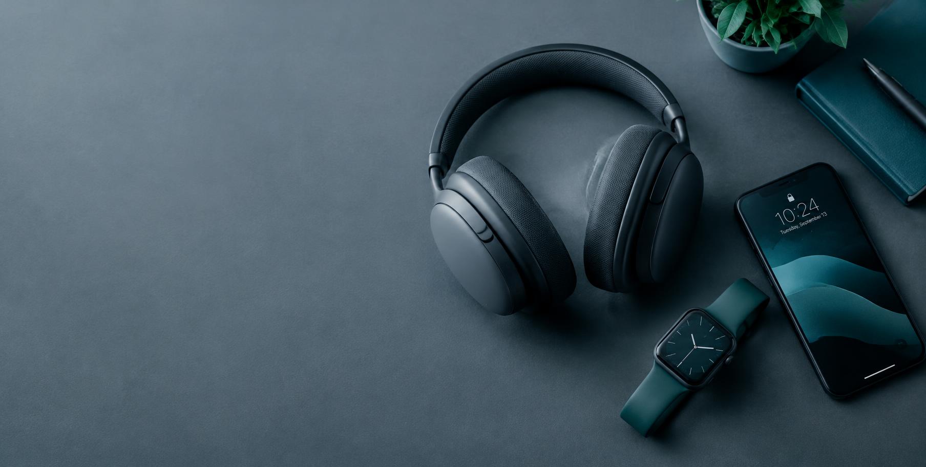 Headphones, smartwatch and phone on a desk